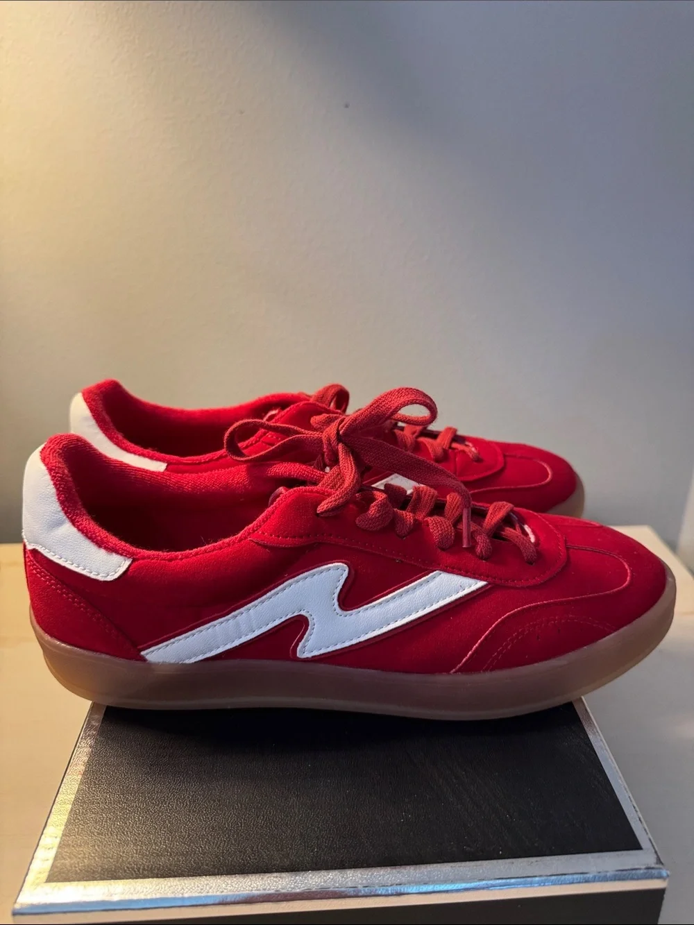 Madden Girl Red Suede Womens Sneakers with White Stripe